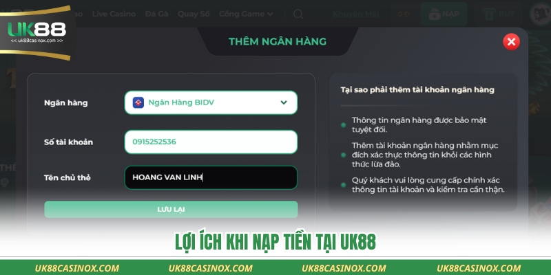 Lợi ích khi nạp tiền tại UK88